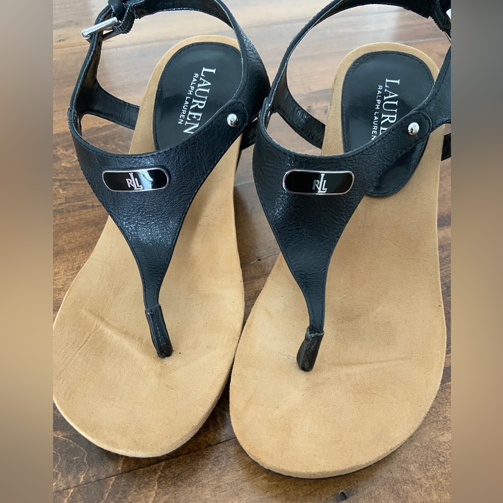 Ralph Lauren Jeannie Polo Black Post Wedge Sandals 6.5